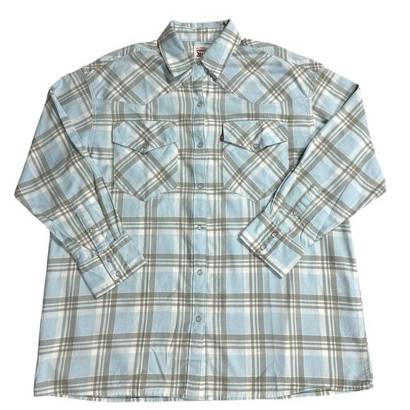 Levi's Soft Flannel Shirt Mens Med Light Blue Plaid Pearl Snap Western Button Up - Picture 1 of 12
